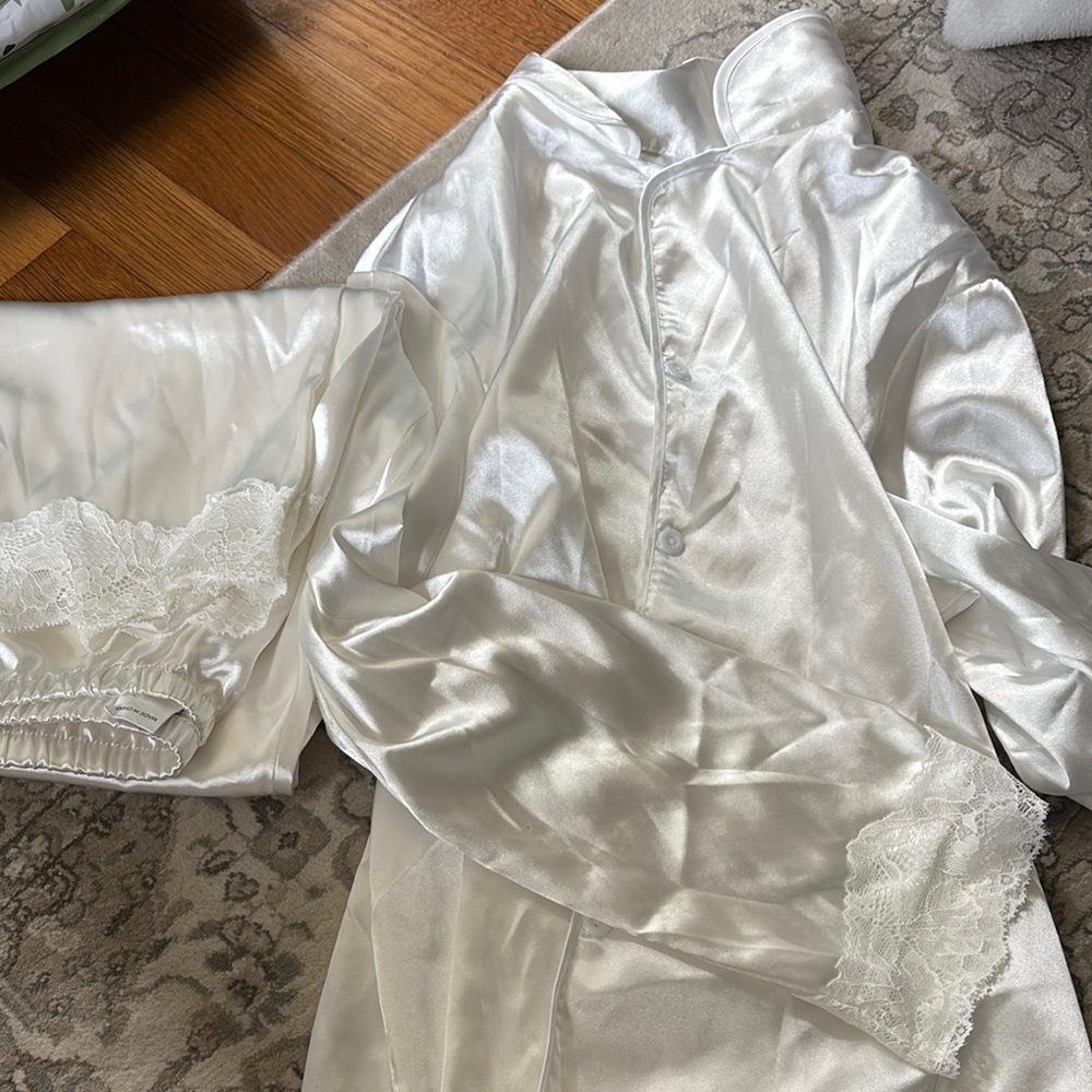 SHEIN White Satin Pajama Set with Lace Trim